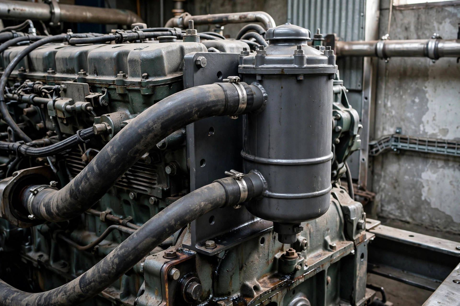 Closed crankcase ventilation oil mist separator mounted on a diesel generator engine