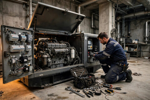 Field service technician performing preventive maintenance on an industrial diesel generator set in a plant room