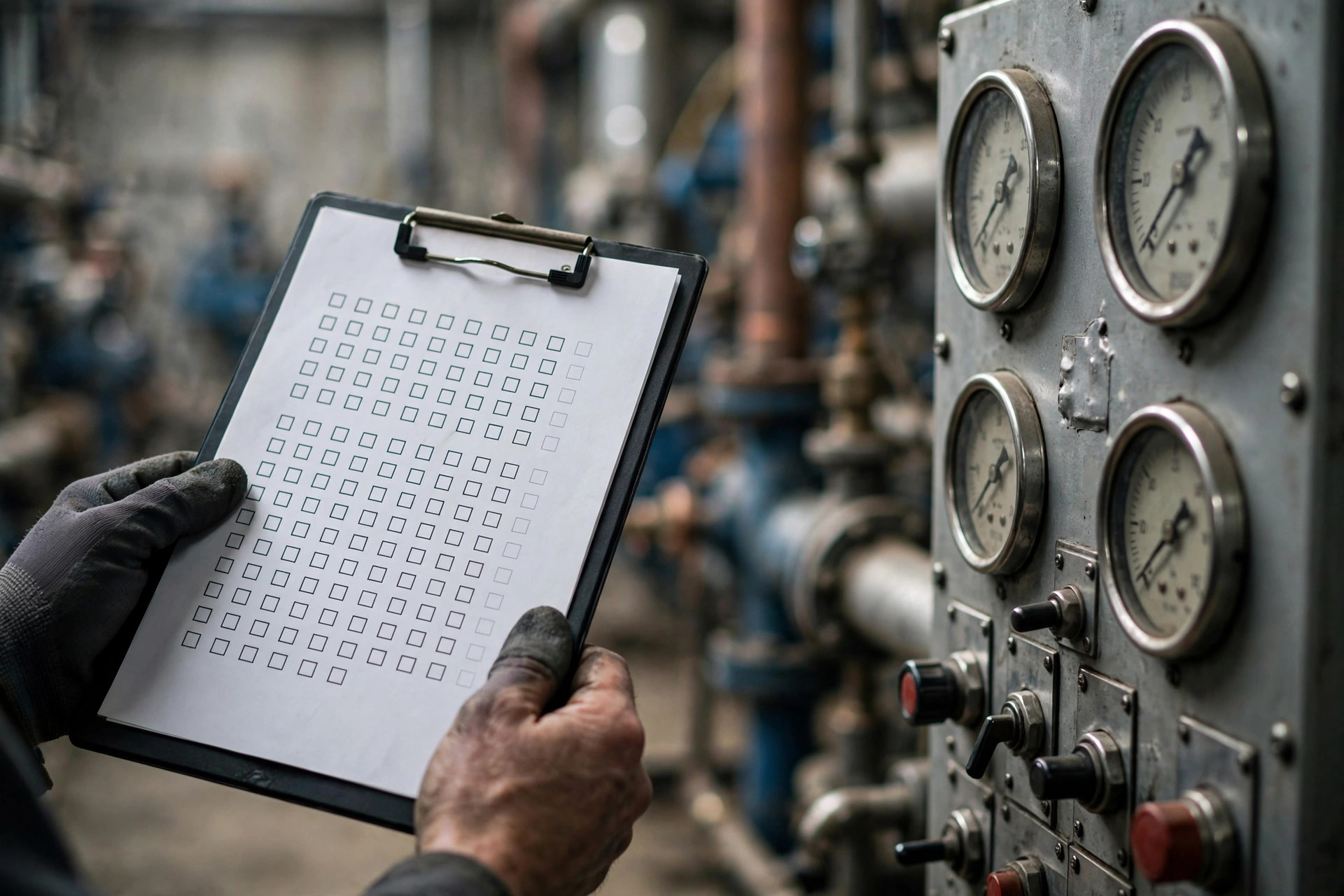A service technician working through a preventive maintenance checklist on a standby diesel generator — a proper visit records readings, not just checkmarks