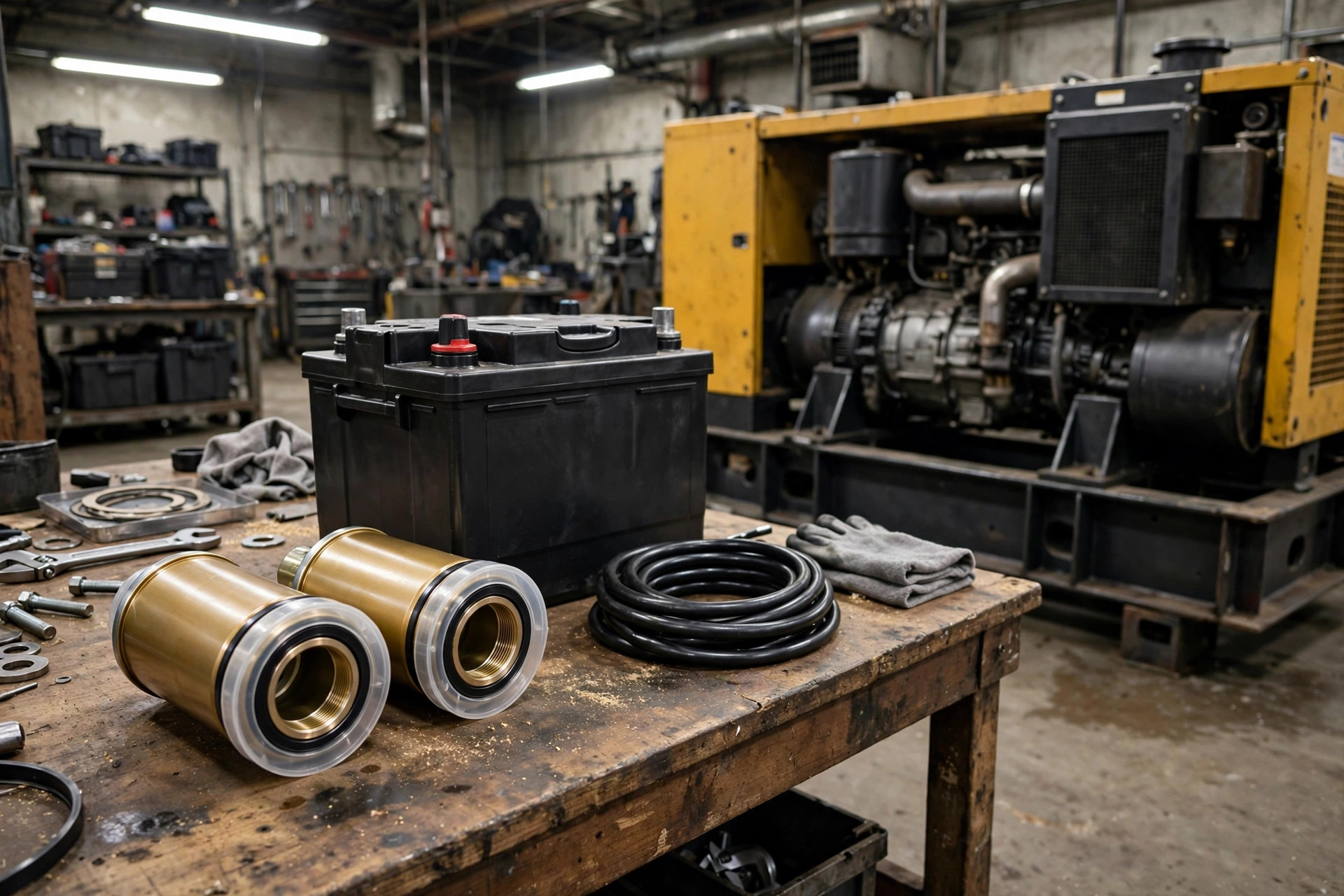 New fuel filters and a starting battery staged for a generator service visit — the consumables many service contracts quietly exclude