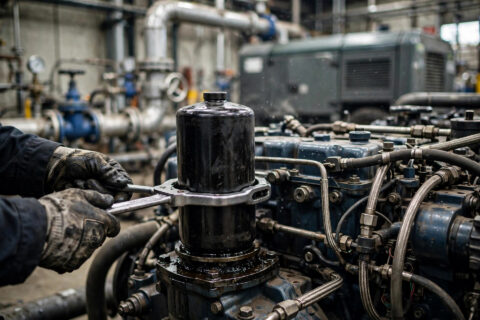 Technician tightening a spin-on diesel fuel filter on a generator engine with a filter wrench during scheduled maintenance