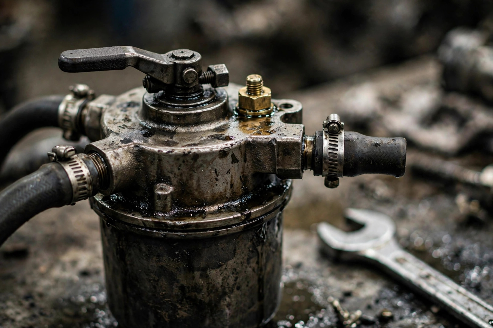 Close-up of a diesel engine fuel filter head with hand primer pump and bleed screw used to purge air after a filter change