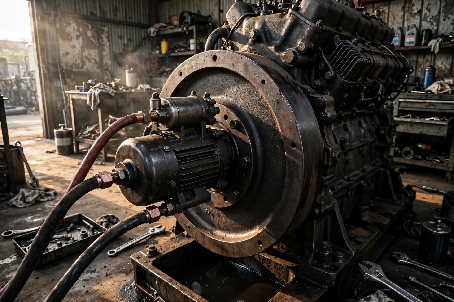 Heavy-duty starter motor mounted on a diesel generator engine flywheel housing — long cranking sessions overheat it