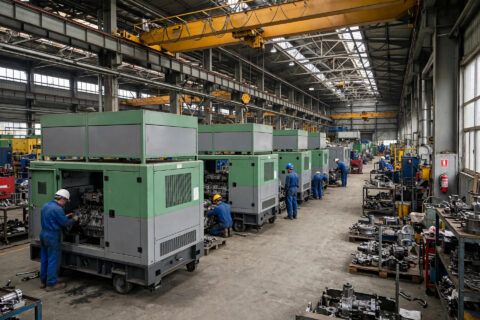 Diesel generator sets on an assembly line inside a factory