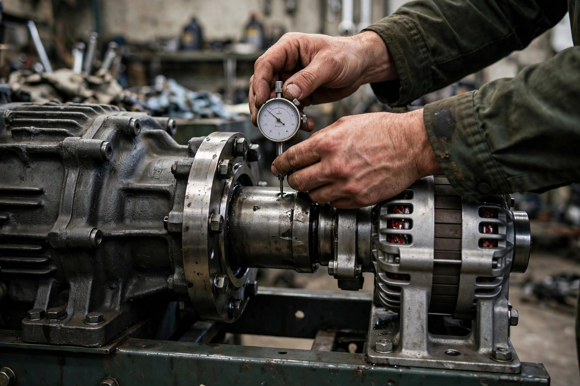 Close-up of engine-to-alternator coupling alignment on a genset