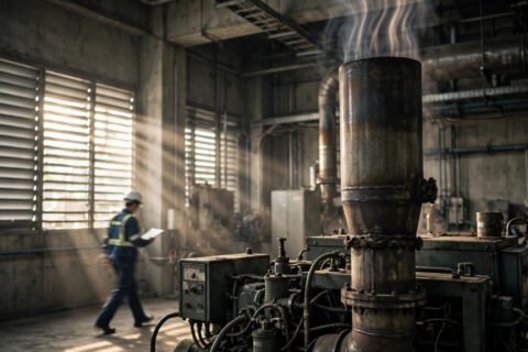 Diesel generator exhaust stack in a plant room with heat shimmer rising — exhaust gas temperature is the engine's most honest health gauge