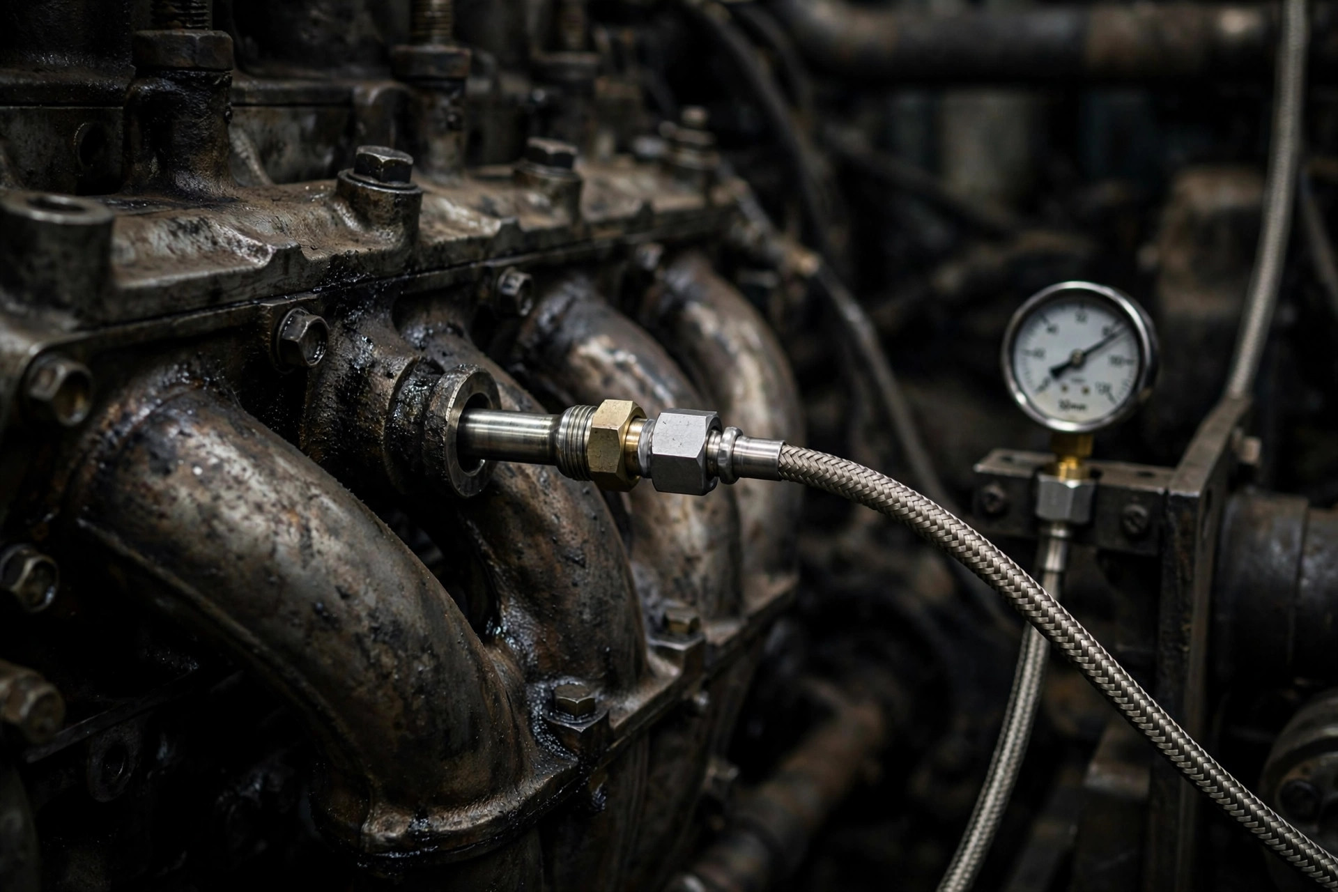 A pyrometer thermocouple probe installed on a diesel generator exhaust manifold before the turbocharger — probe location changes what the reading means