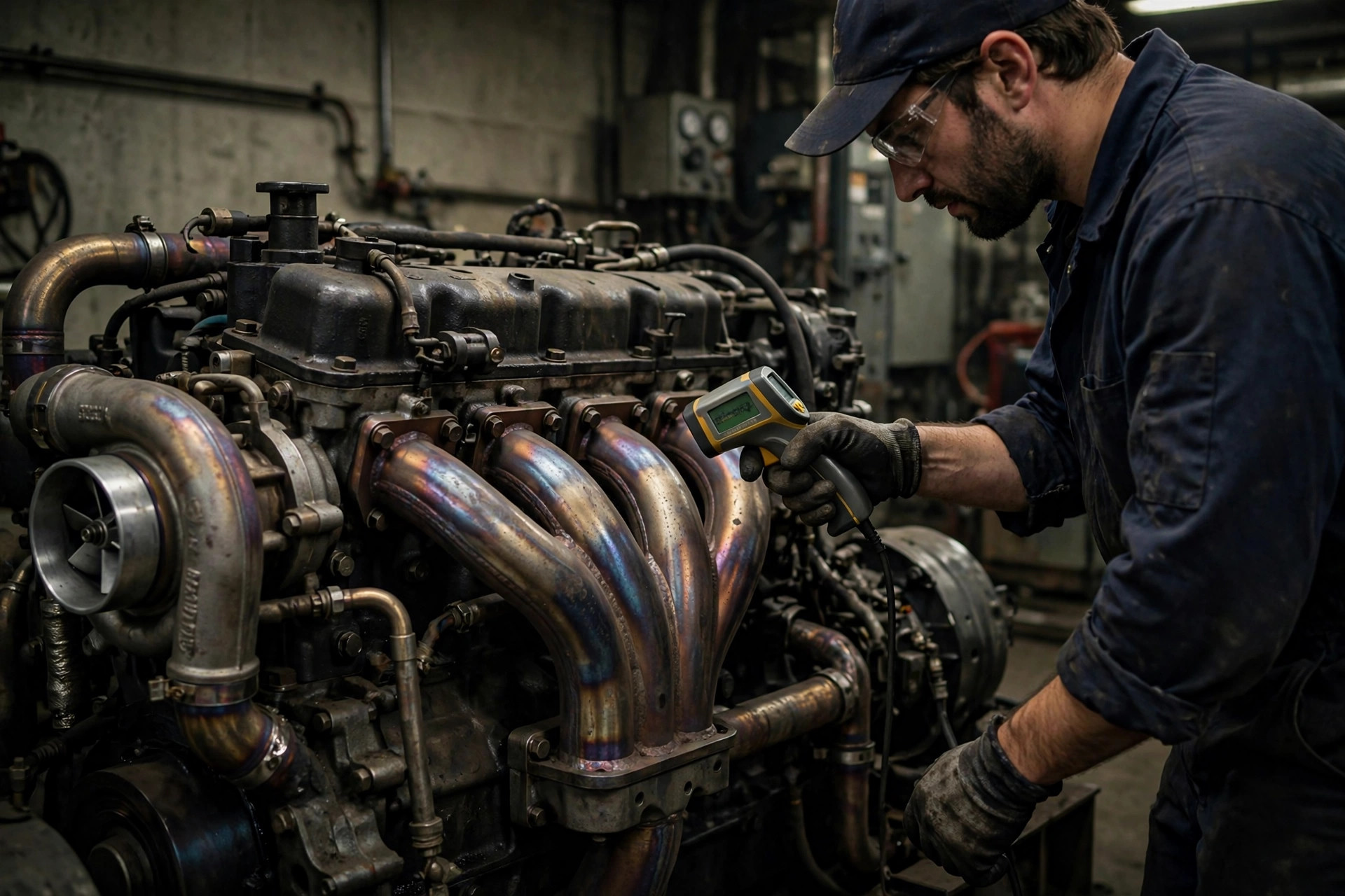 A technician checking exhaust manifold temperatures with an infrared thermometer on a diesel generator — one hot cylinder points to an injector or valve problem