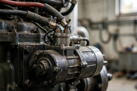 Diesel generator electric starter motor bolted to the side of a large diesel engine in a plant room — the part that does the hardest ten seconds of work