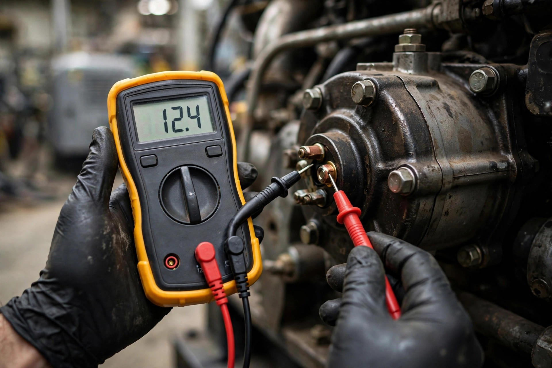 A technician measuring voltage at the starter motor terminals with a multimeter while cranking — measure at the motor, not at the battery posts