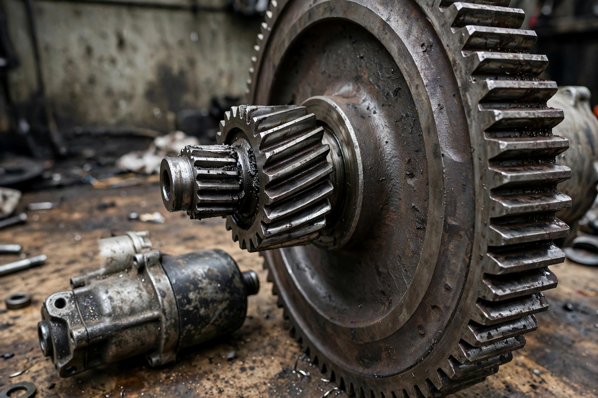 Close-up of a diesel engine starter pinion gear and flywheel ring gear teeth — grinding on crank means these two aren't meshing cleanly