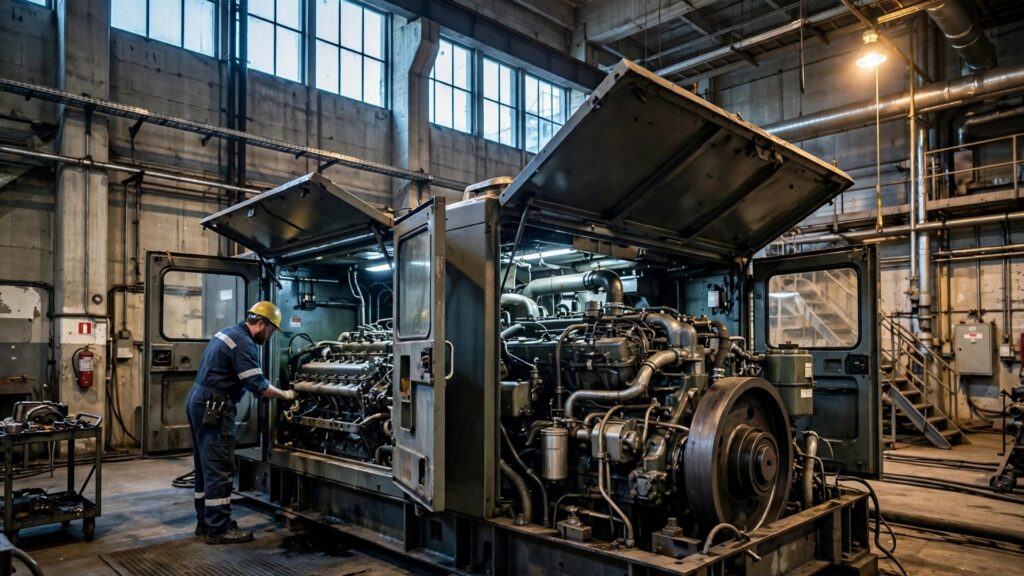 Large low-speed diesel generator set with its canopy doors open in a plant room — the 1500 rpm class of machine built for tens of thousands of hours