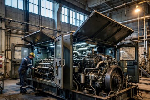 Large low-speed diesel generator set with its canopy doors open in a plant room — the 1500 rpm class of machine built for tens of thousands of hours