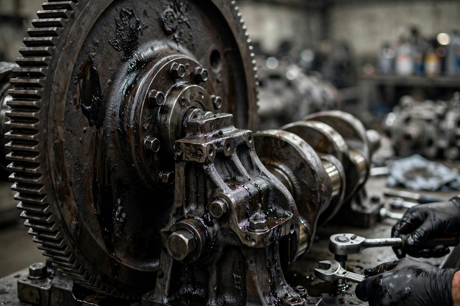 Close-up of a large diesel engine flywheel and crankshaft housing in a service workshop — at 1500 rpm every sliding surface travels roughly half the distance it would at 3000