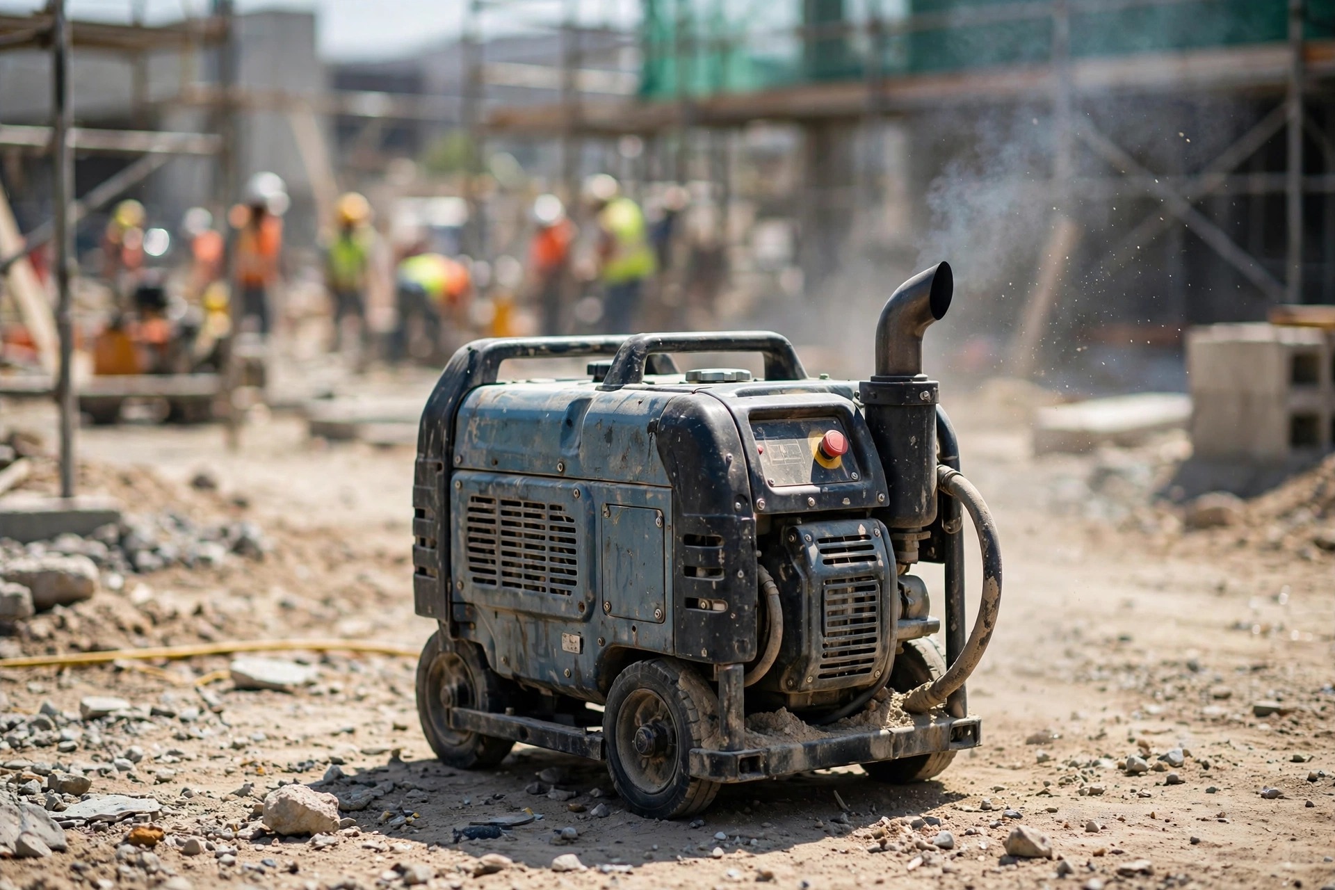 A small high-speed portable diesel generator on a dusty construction site — cheap, light, and fine for standby duty, wrong for twelve-hour prime-power days