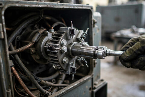 Close-up of a rotating rectifier diode plate on a diesel generator alternator shaft, a technician's gloved hand holding a torque wrench — the six diodes that decide whether the set makes any voltage