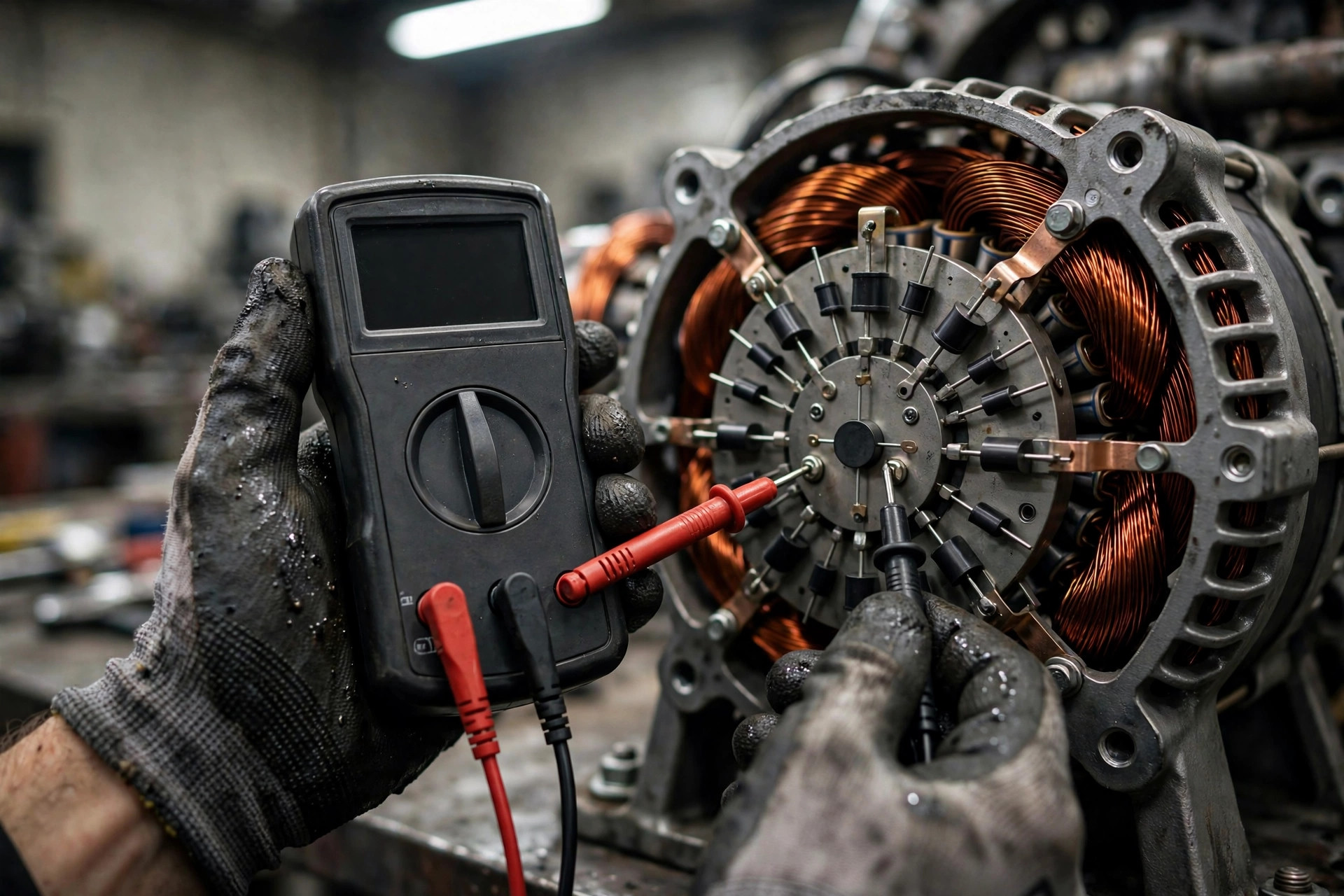 A technician tests a rotating rectifier diode plate with a digital multimeter inside an opened diesel generator alternator — forward voltage drop one way, open the other