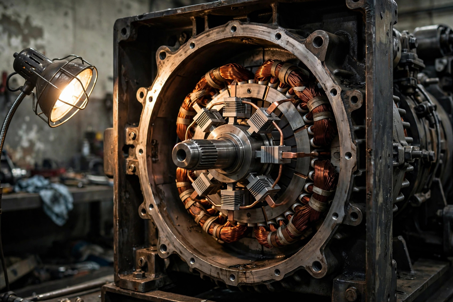 The opened rear end of a large diesel generator alternator showing the exciter and rotating rectifier assembly on the shaft in a service workshop