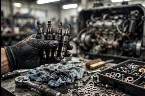 A technician's gloved hand holding four removed diesel fuel injector nozzles over a workbench, an opened diesel generator engine behind — the precision parts that five common maintenance mistakes destroy