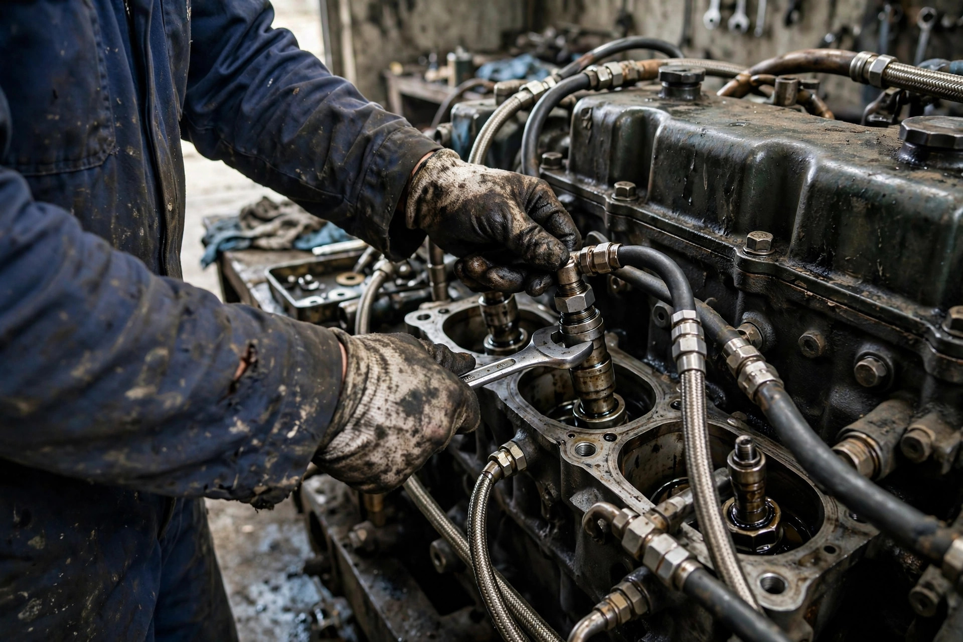 A technician loosening a diesel fuel injector from a generator engine cylinder head with a wrench — changing filters without priming scores the plungers inside