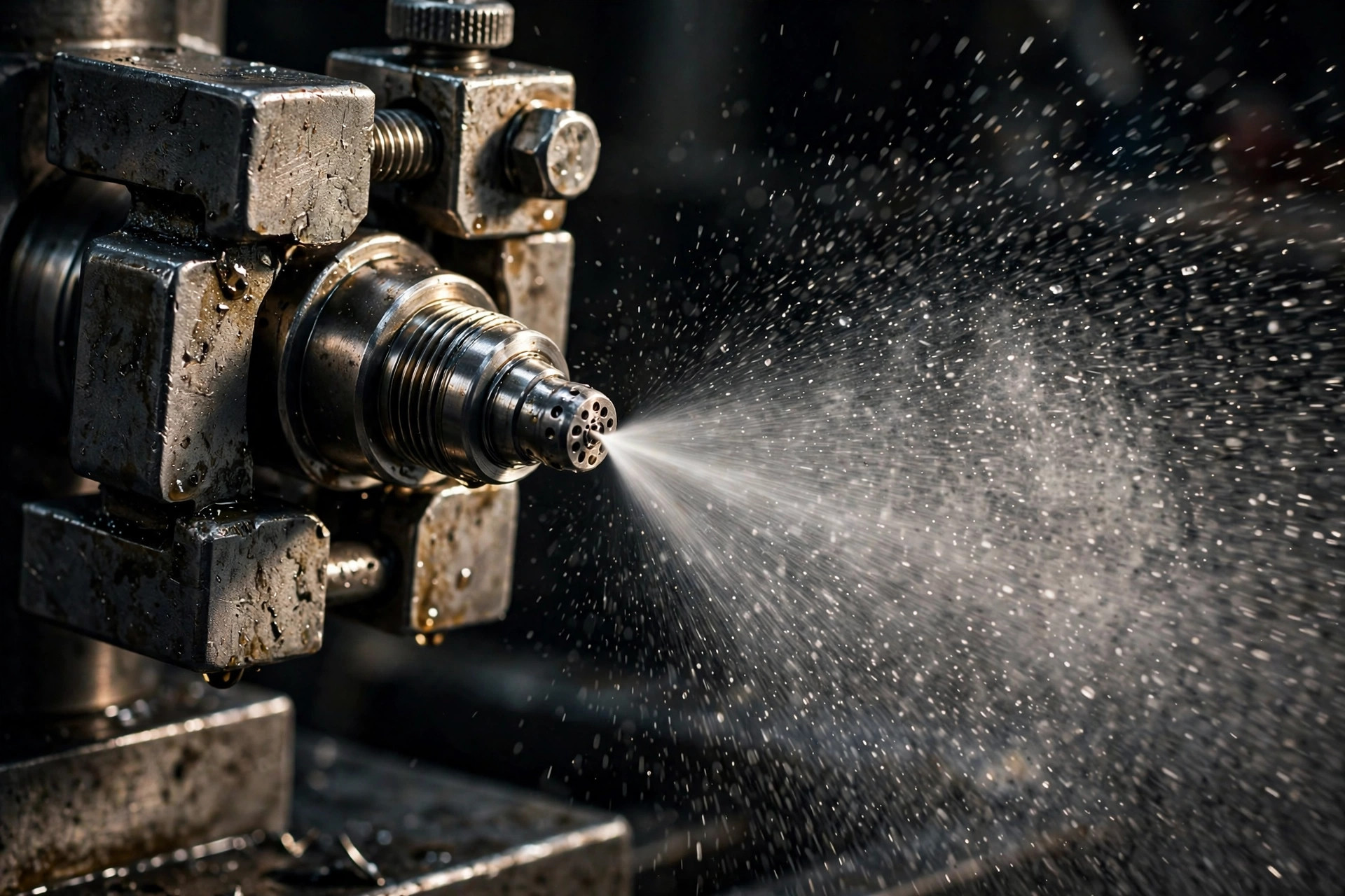 Macro of a diesel fuel injector nozzle on a pop tester spraying a fine atomized mist — the spray pattern a healthy injector must produce