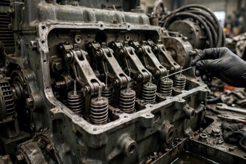 Checking valve clearance with a feeler gauge on a diesel generator engine