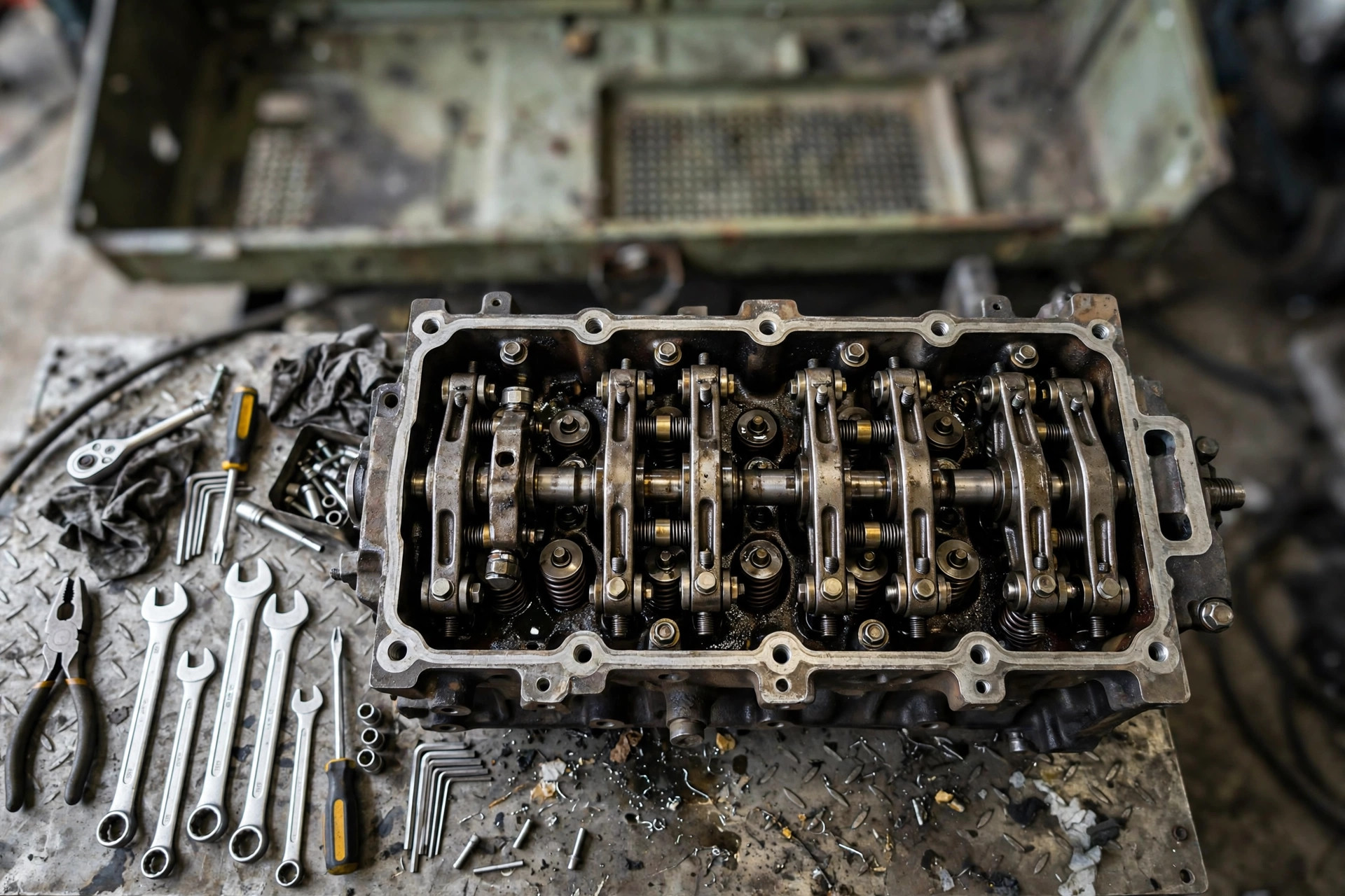 Diesel generator cylinder head with rocker assembly exposed for valve lash inspection