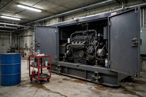 Diesel generator set with canopy doors open in a plant room, blue oil drum and filter service cart beside it — engine oil selection starts with how the machine actually runs