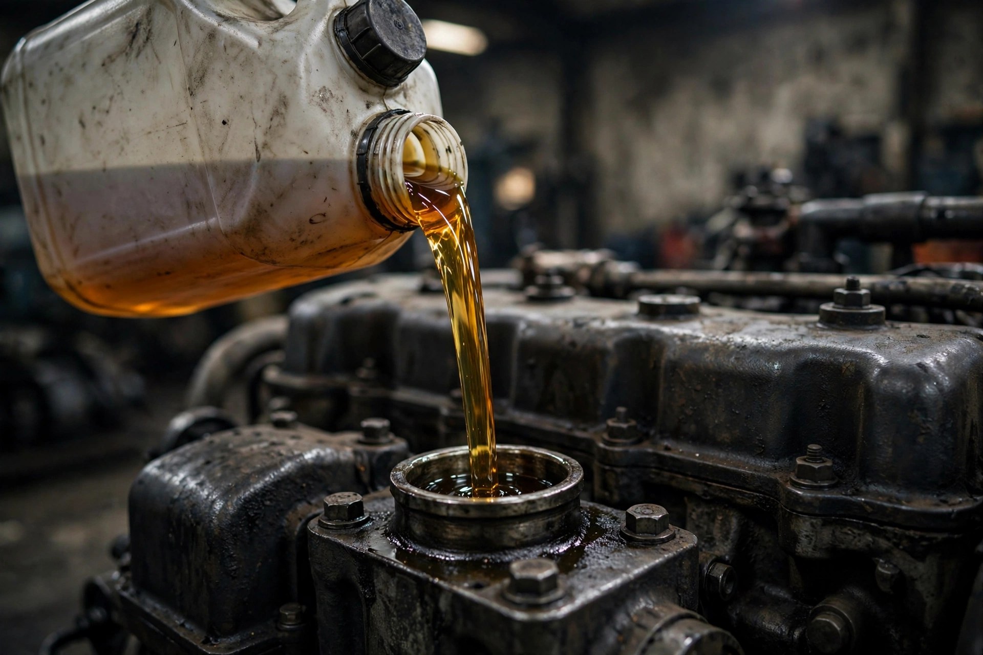 Fresh amber engine oil being poured into a diesel generator engine filler neck — the viscosity number matters more than the brand on the jug