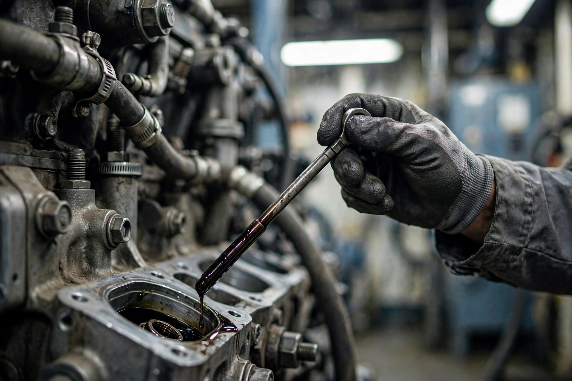 A gloved hand checking engine oil level and condition with the dipstick on a standby diesel generator — the wipe-and-look check catches trouble before a lab does