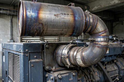 Diesel generator exhaust muffler with heat discoloration mounted on an industrial genset