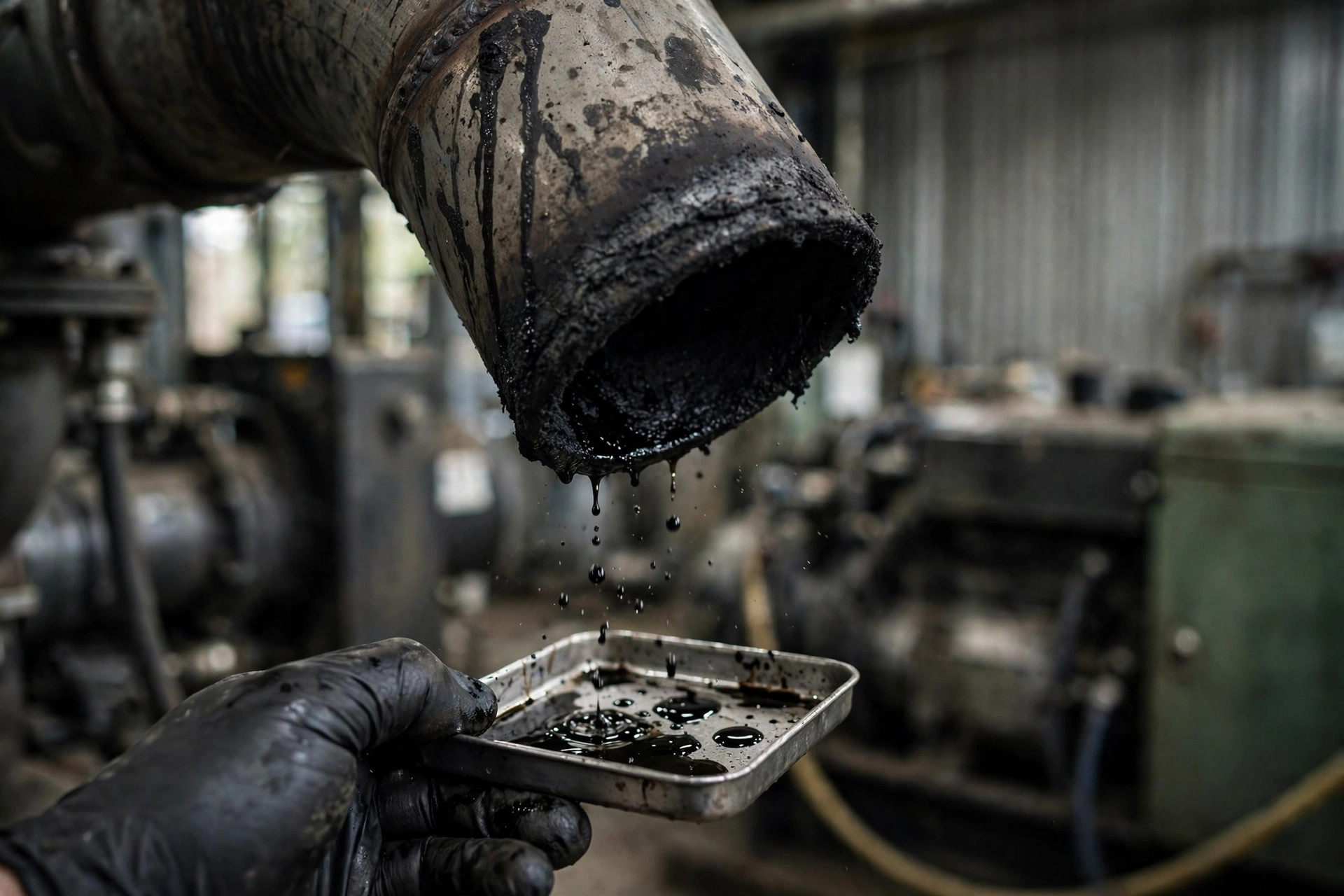 Black condensate dripping from a diesel generator exhaust pipe tip into a drip tray