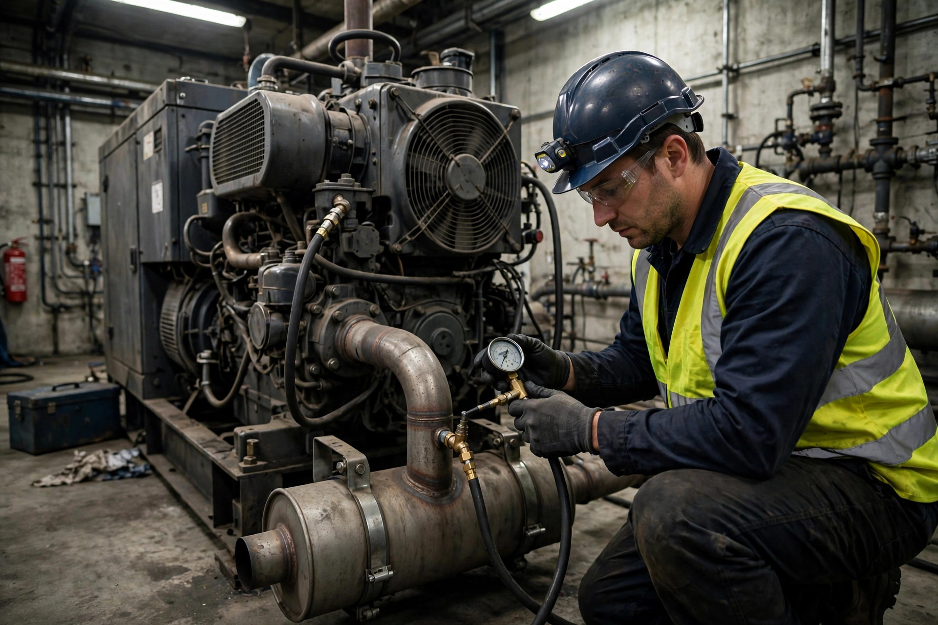 Technician measuring exhaust back pressure with a gauge tapped into a diesel generator exhaust pipe