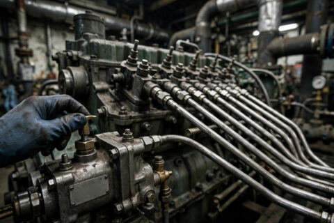 Diesel generator fuel injection pump with high-pressure steel lines, a technician's gloved hand on the primer pump — two pumps move your fuel, only one gets the blame