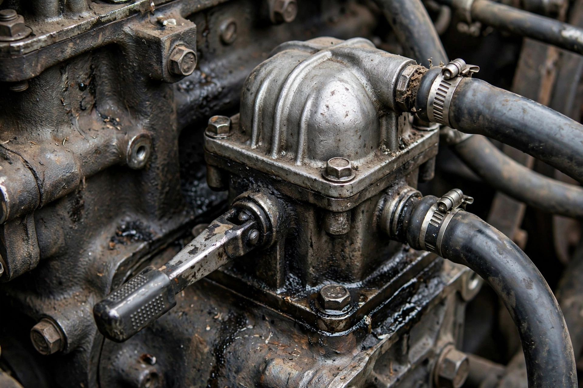 Close-up of a mechanical fuel lift pump on a diesel engine block with rubber fuel hoses and a hand primer lever &mdash; the humble pump that starves more generators than any other part