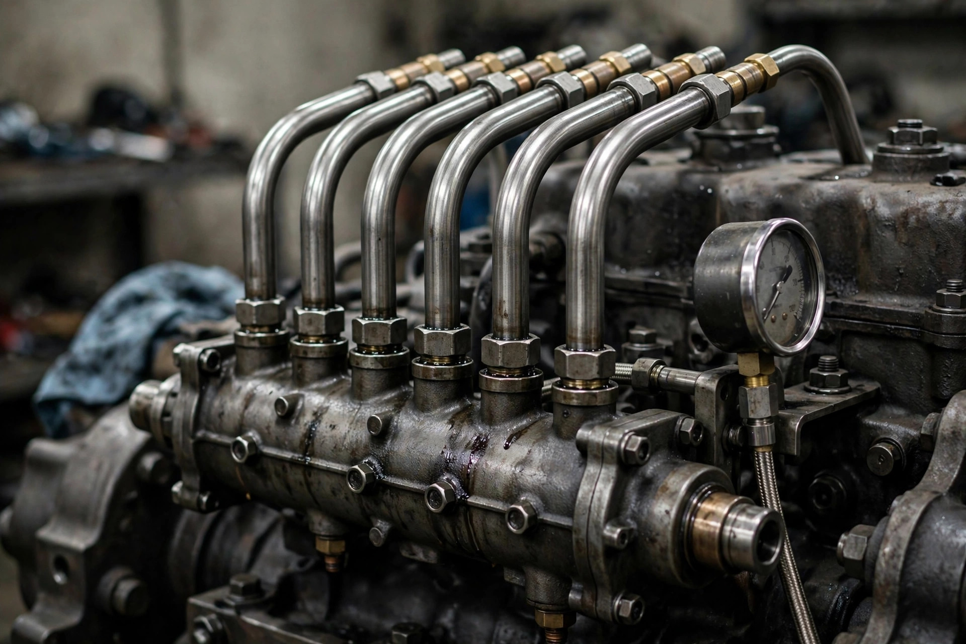 Inline fuel injection pump with six steel high-pressure pipes to the injectors and a fuel pressure gauge &mdash; diesel fuel is this pump's only lubricant