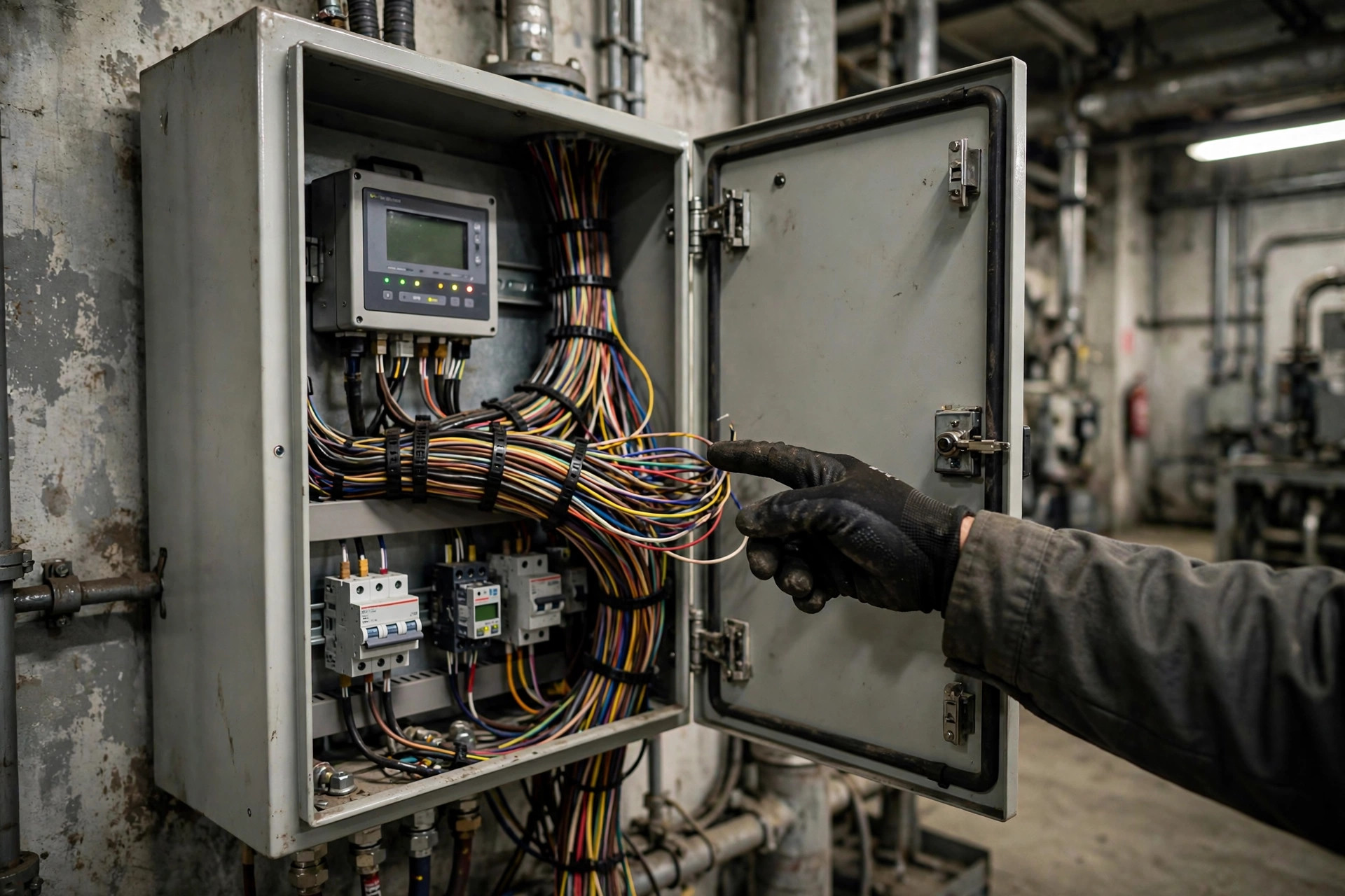 A diesel generator control cabinet with the door open, controller and hour meter wiring exposed — a replacement controller starts its life at zero hours