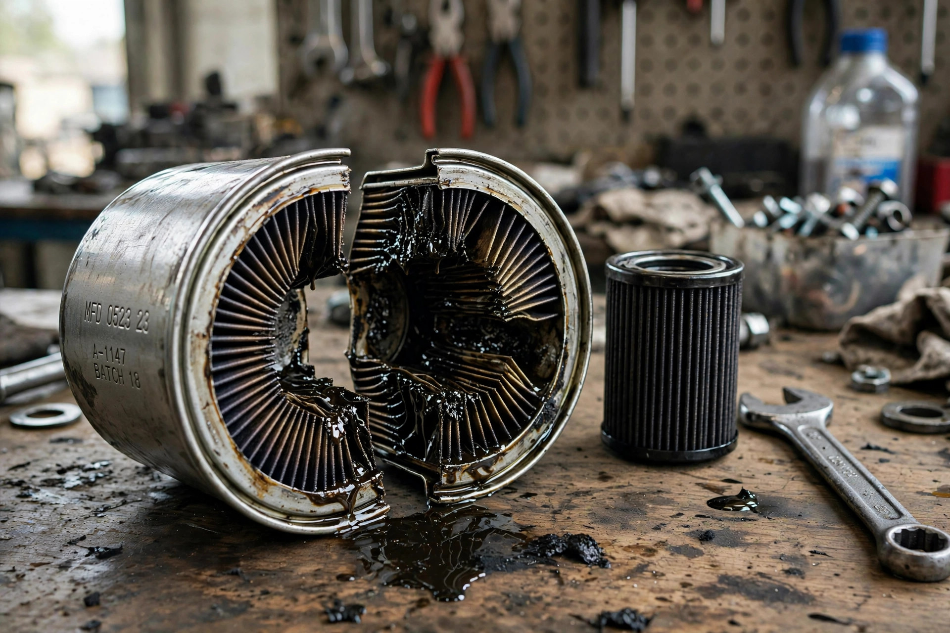 A used spin-on oil filter cut open on a workbench, date codes and pleated media visible — filter dates tell the service truth no hour meter can