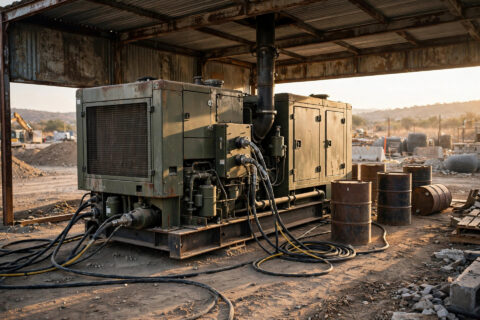 Industrial diesel generator set in a weatherproof canopy at a job site
