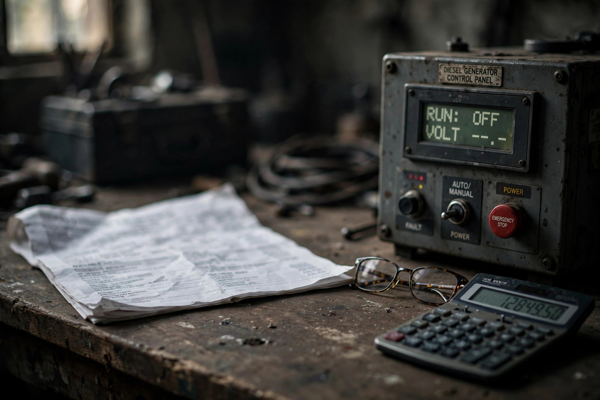 Reading a diesel generator quotation on a desk with a calculator