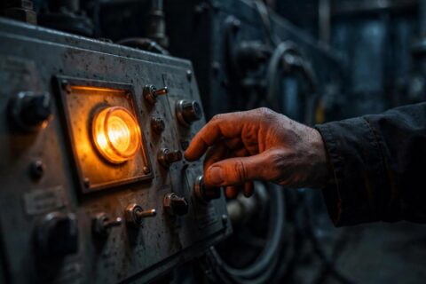 Amber alarm lamp glowing on a diesel generator control panel, technician's hand on the selector switch — the controller already knows what's wrong