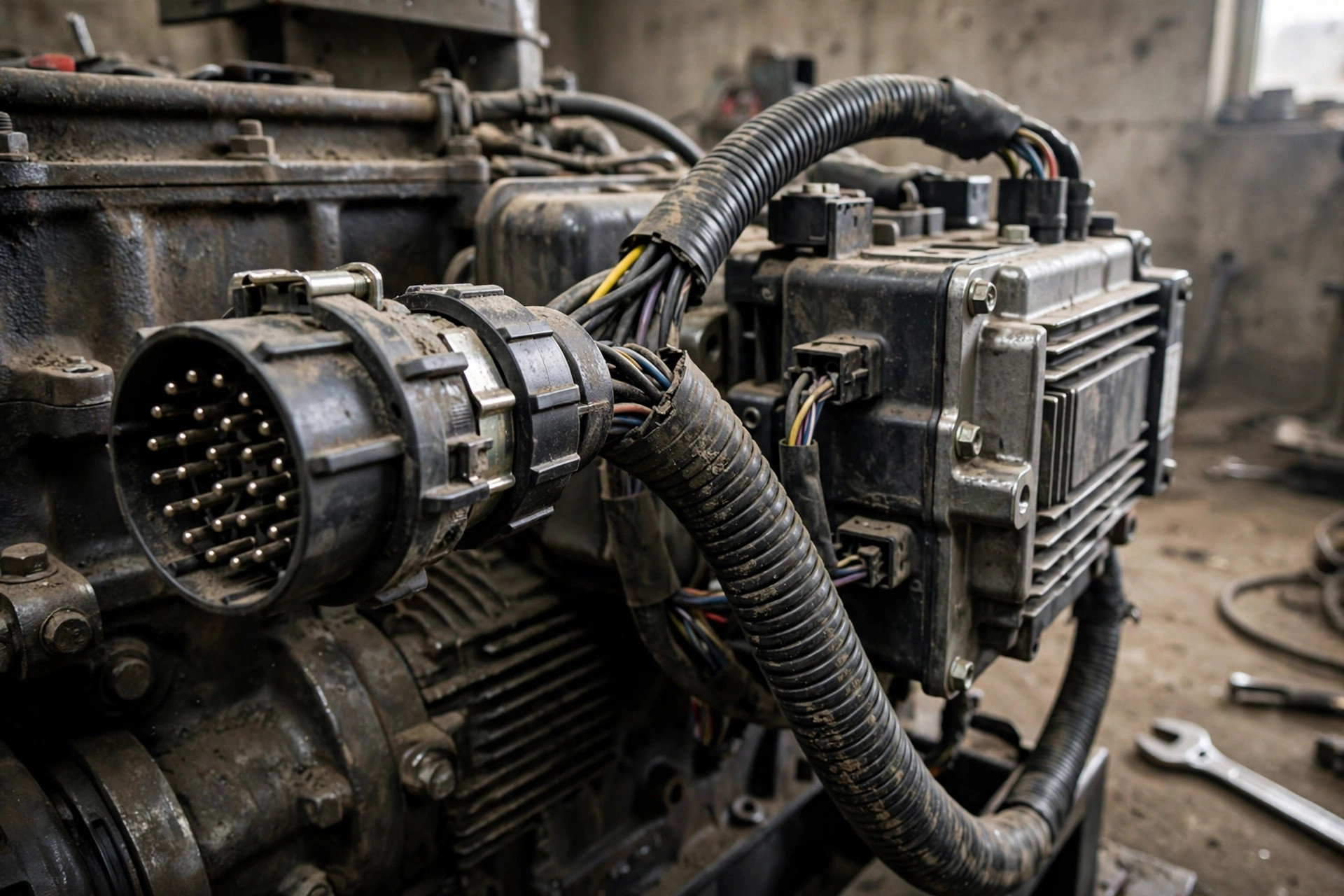 Disconnected engine wiring harness multi-pin connector on a diesel generator ECU — half of all sensor fault codes live in the connector, not the sensor