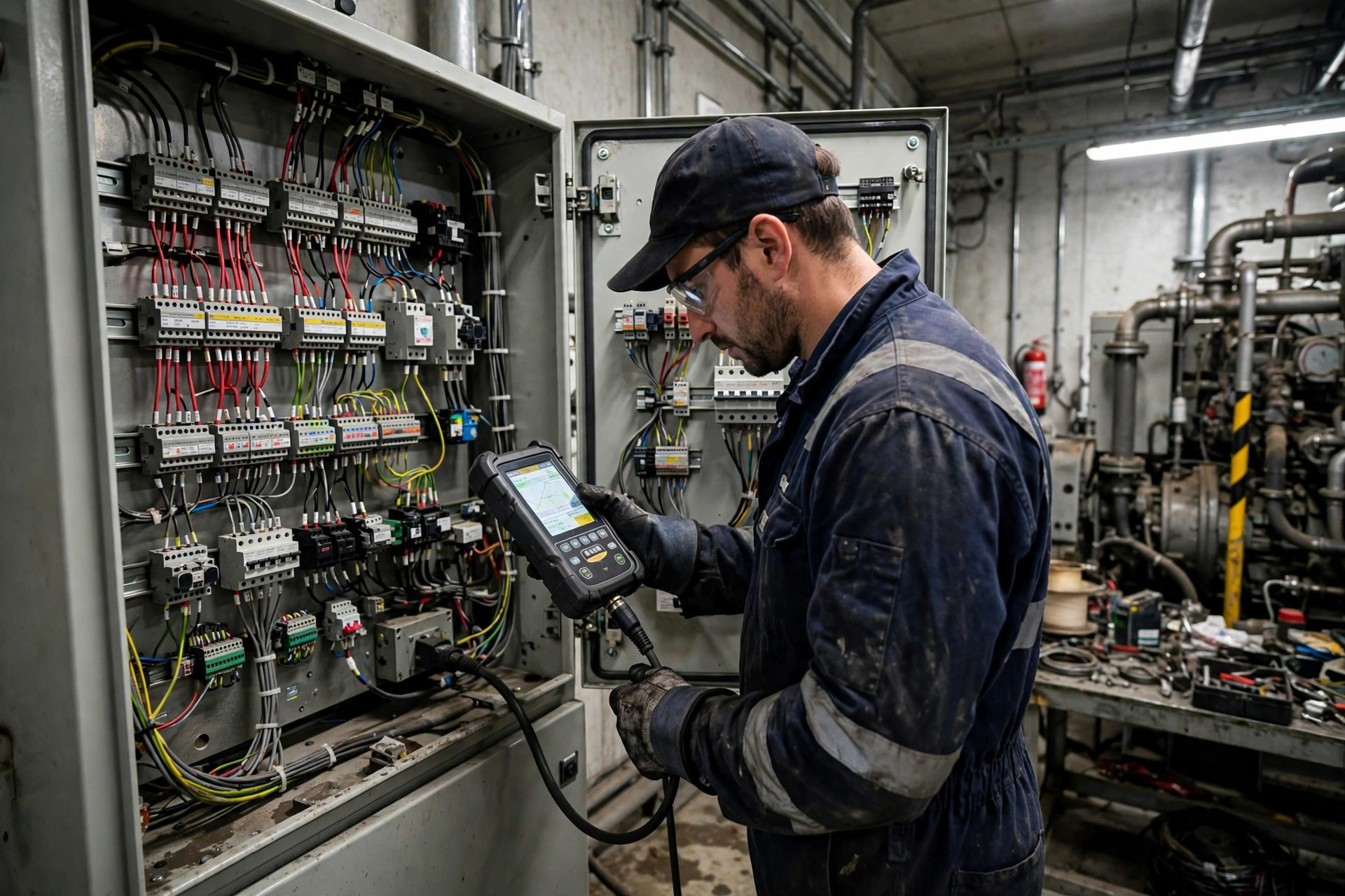Technician reading fault codes with a handheld diagnostic tool at a generator control cabinet — when the display goes quiet, the laptop earns its money