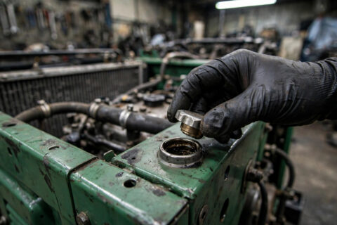 Technician's gloved hand holding a radiator cap over the fill neck of a diesel generator radiator — the cheapest part guarding the most expensive one