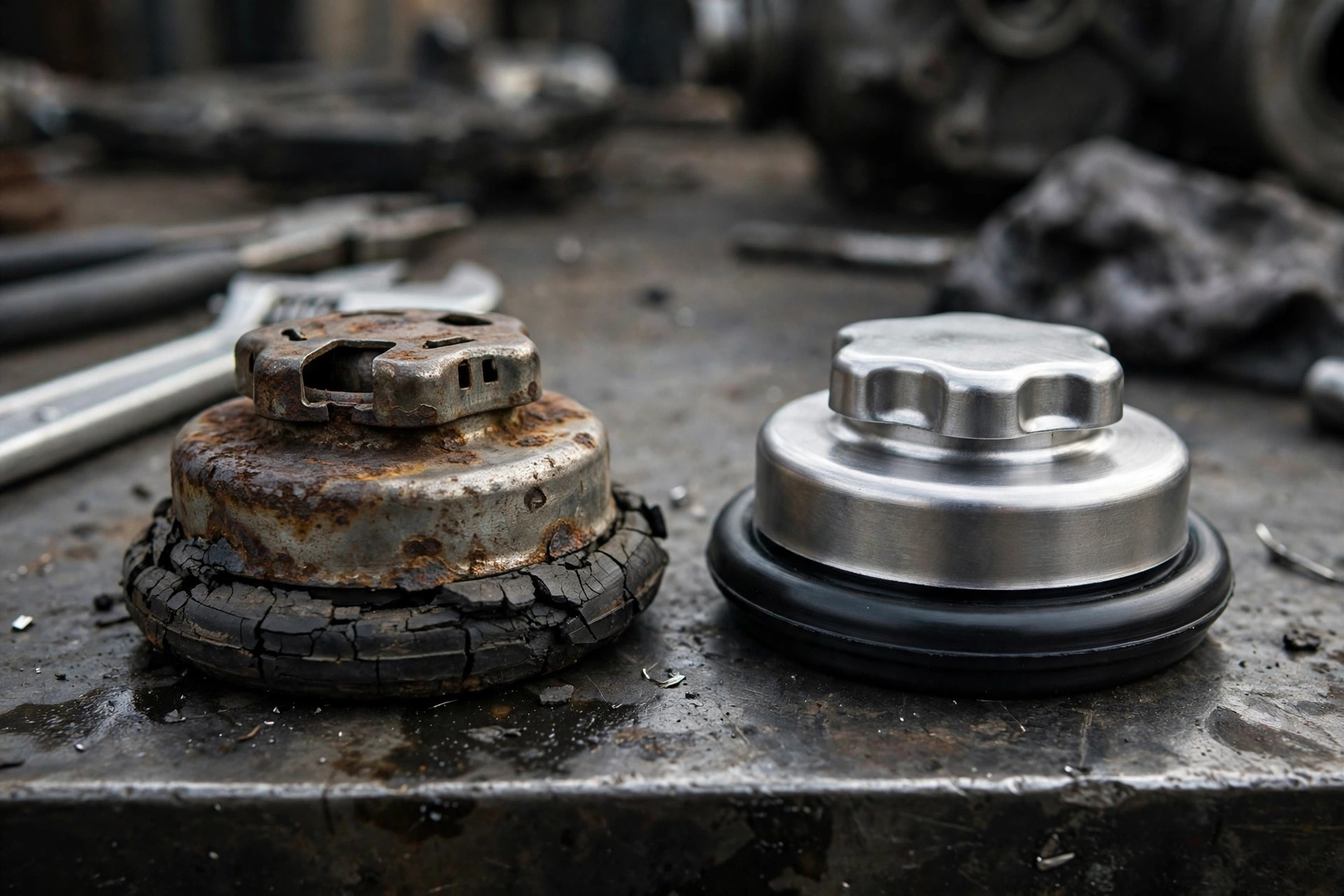 Old rusted radiator cap with a cracked rubber seal next to a new cap on a workbench