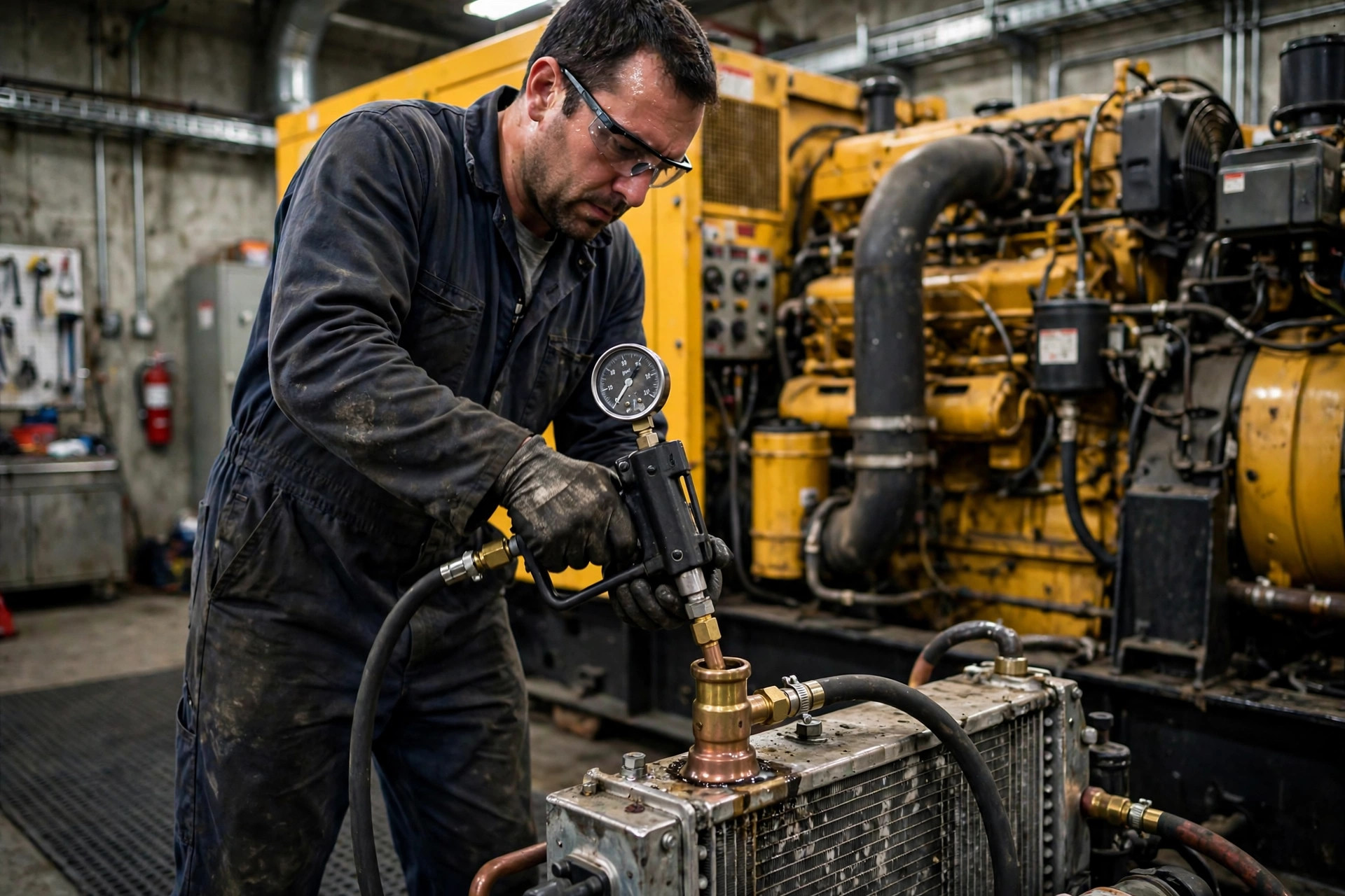 Technician pressure-testing a diesel generator cooling system with a hand-pump gauge on the radiator