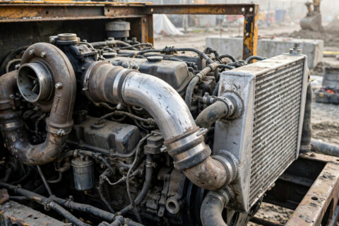 Turbocharger and charge-air cooler with intake piping on an open-frame diesel generator at a construction site — the hardware that keeps intake air cool and power where it belongs