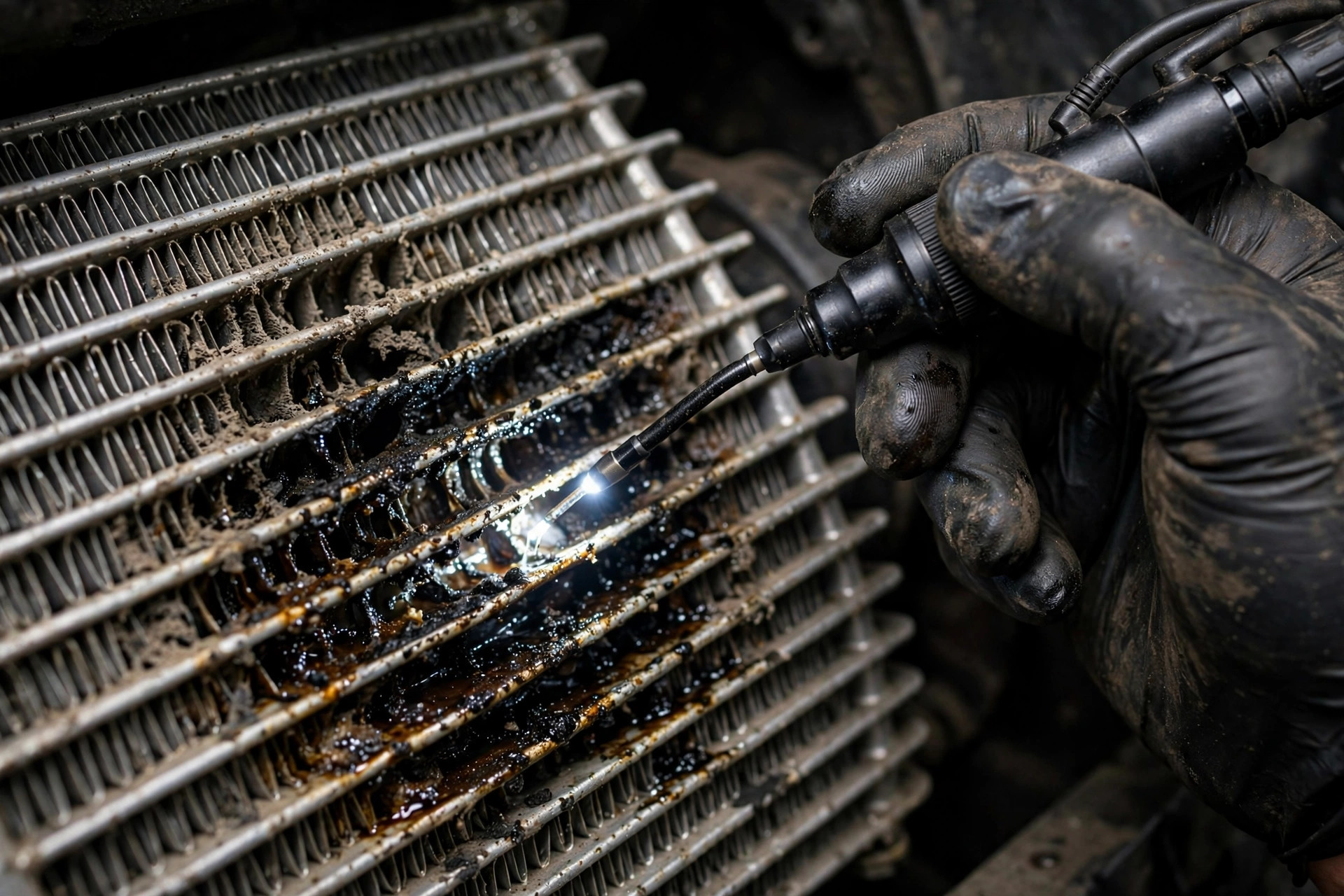 Technician inspecting the dust-and-oil-clogged fins of a diesel generator charge-air cooler with a borescope light — the blockage that steals power degree by degree
