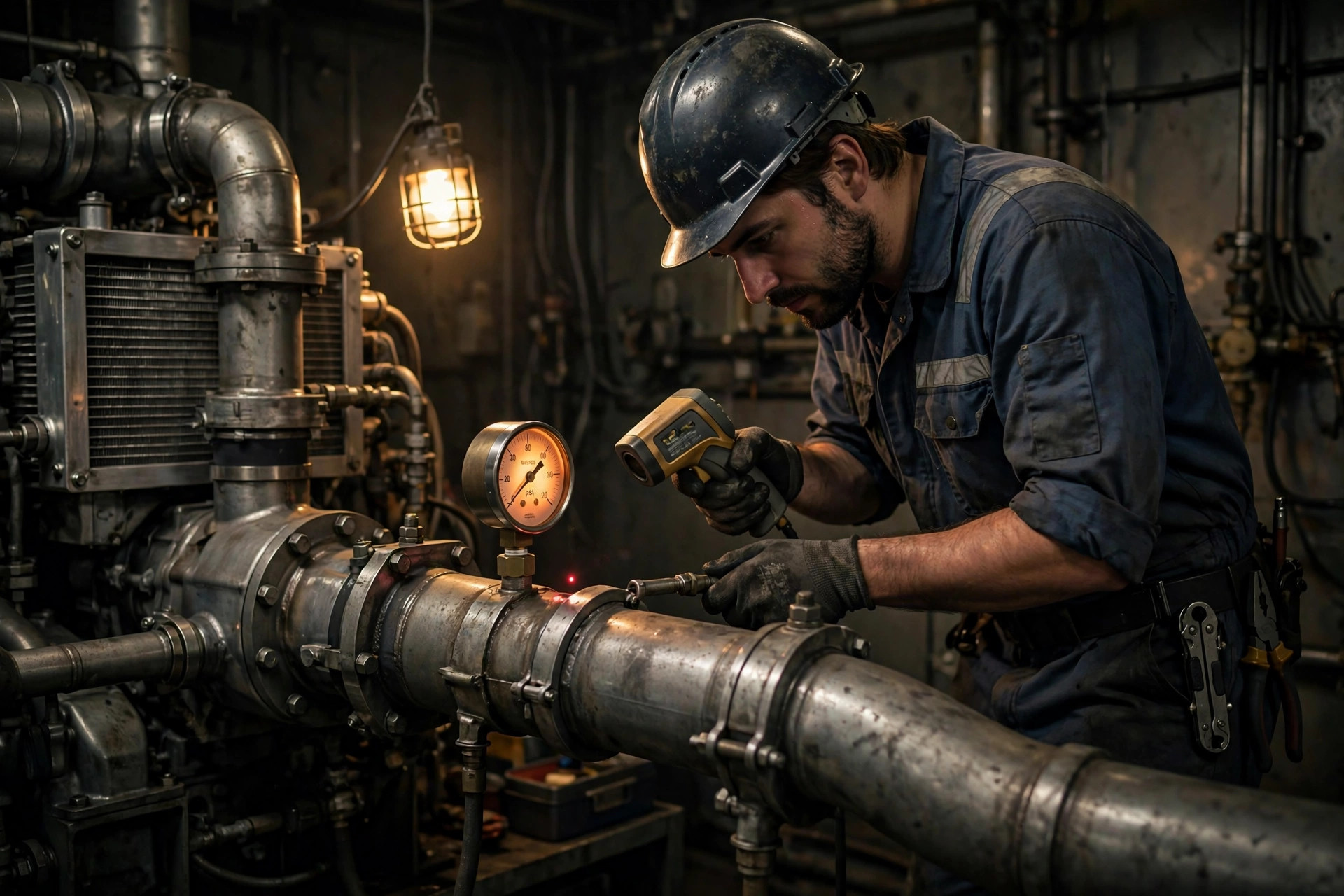 Mechanic checking intake-pipe temperature with an infrared gun beside a pressure gauge — the cheapest diagnostic test for a dying charge-air cooler
