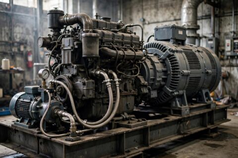 Large standby diesel generator engine on its skid with an external electric oil pre-lube pump and braided steel oil lines — the hardware that gets oil pressure up before the starter turns